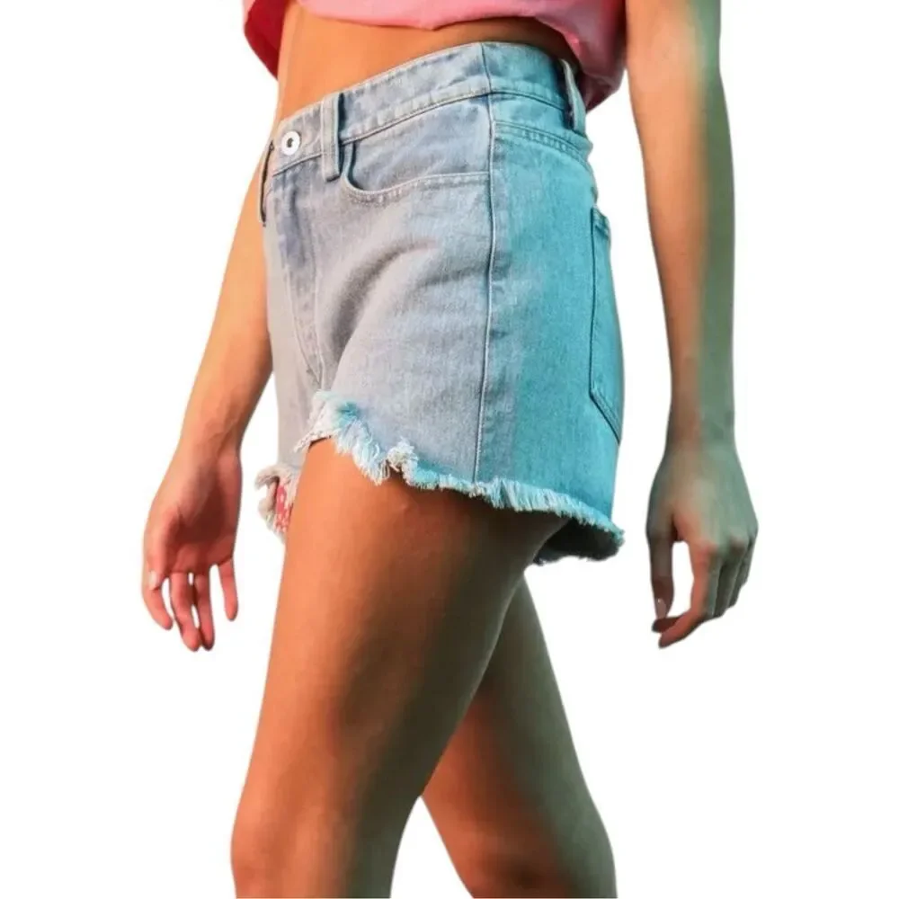 Very J Light Wash Patriotic Distressed Raw Hem Denim Shorts Boho USA Stretch NWT